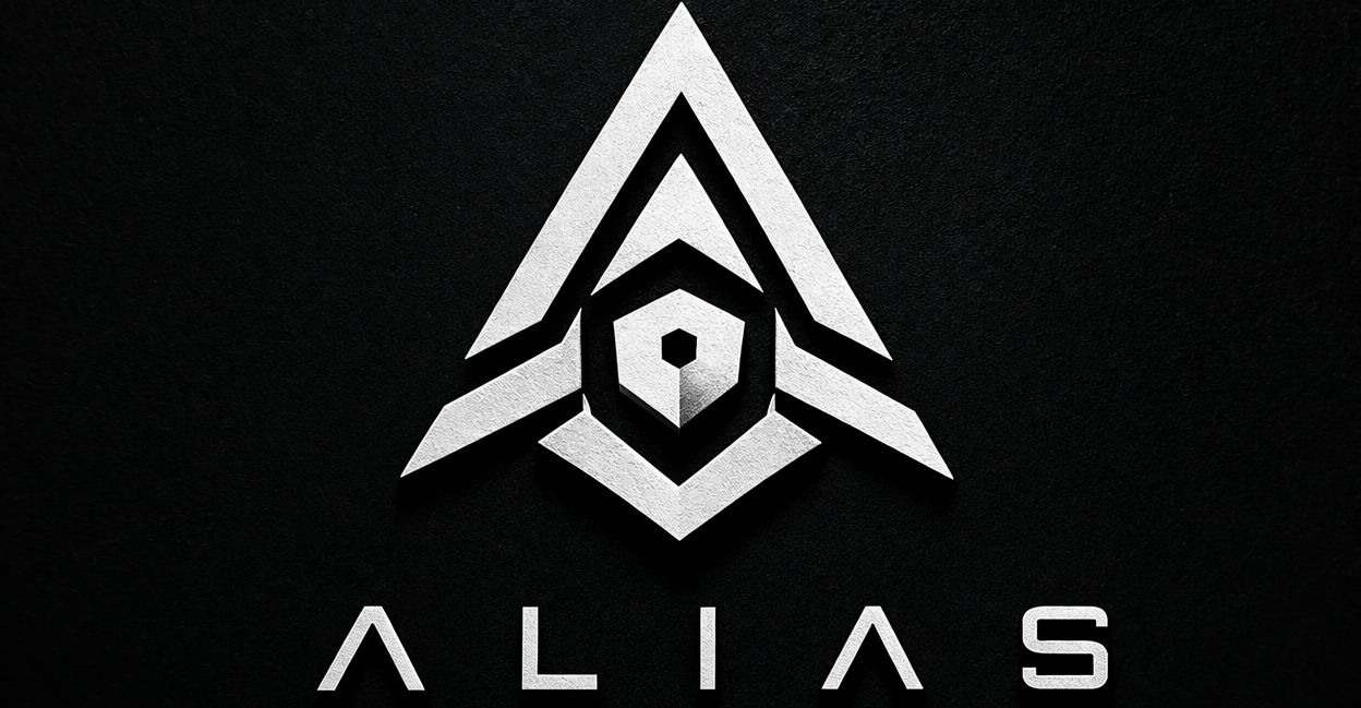 White geometric logo with 'ALIAS' text on a black background